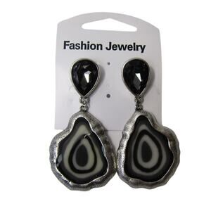 Silver Gray Gemstone Oval‎ Dangly Earrings Boho Black Shiny